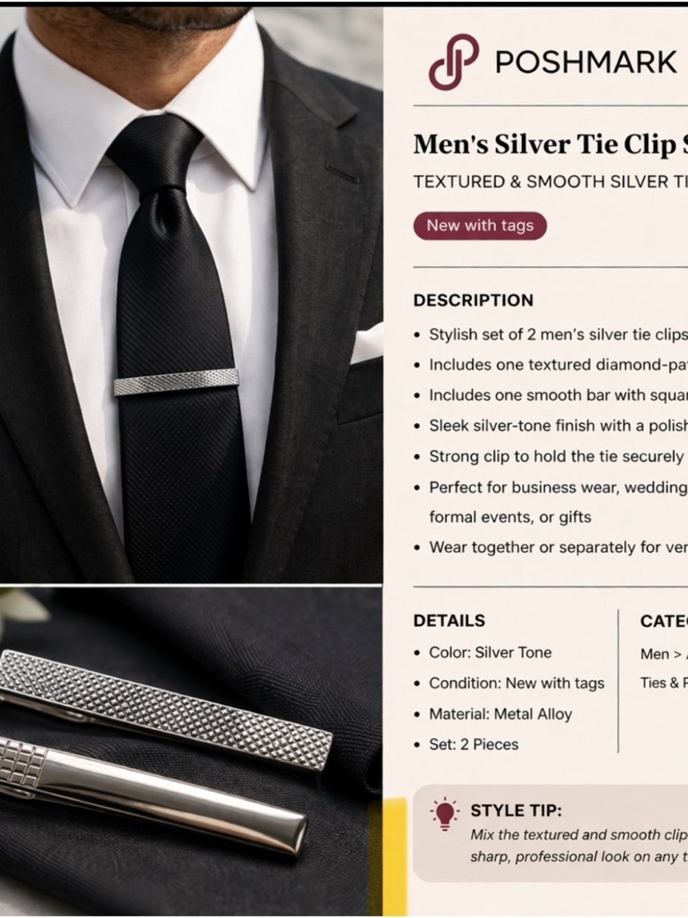 Men's Silver Tie Clip Set - 2-Piece